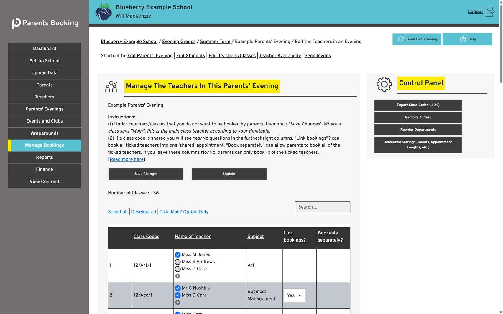 Set up the teachers and classes parents can book